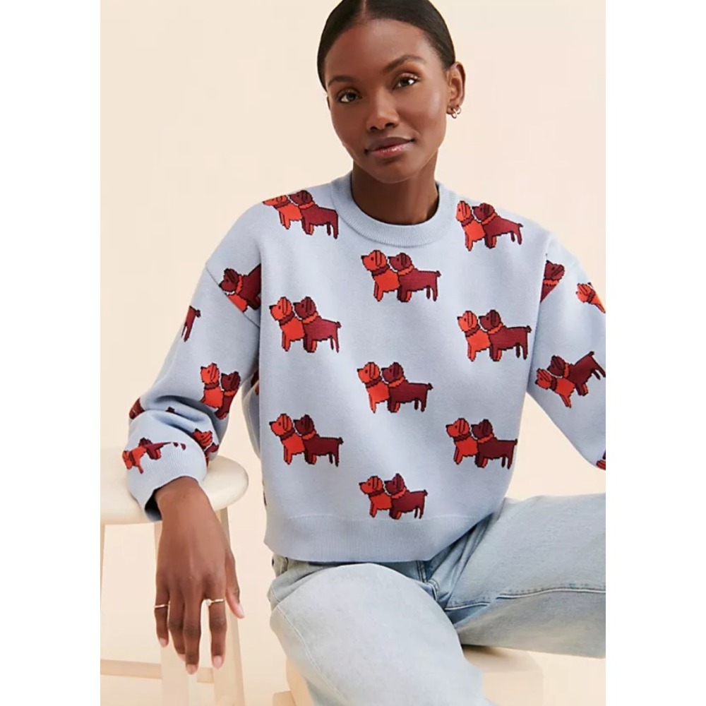 Find Me Now Blue Red Dog Sweater Jacquard Knit Cropped Sweater Size M